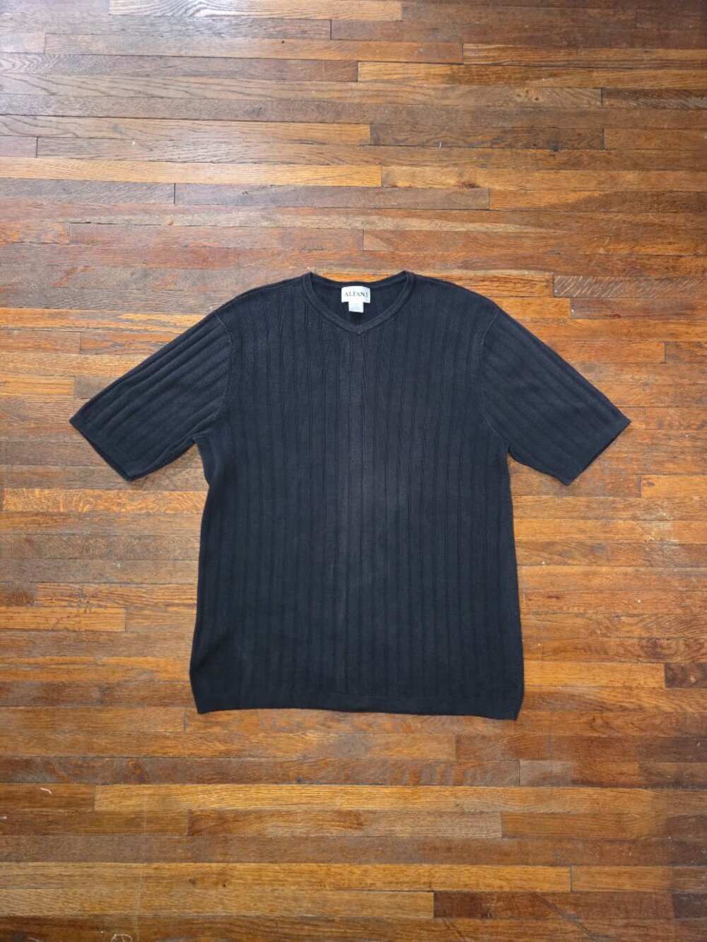 Vintage Alfani Mens Black Cotton Ribbed Short Sleeve Sweater Tee Shirt